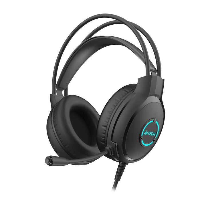 Black gaming headset with blue LED light on a white background
