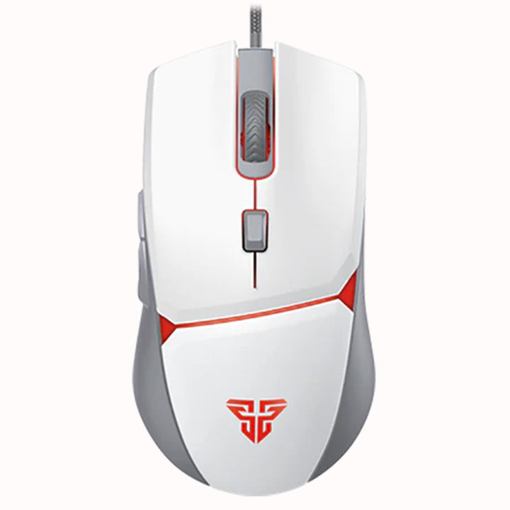 Front view of Fantech VX7 Crypto White RGB Gaming Mouse with red LED lighting on scroll wheel and on the Fantech logo