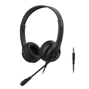 Black over-ear headphones with a microphone on a white background