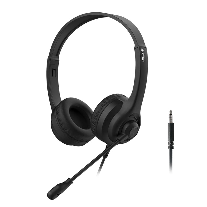 Black over-ear headphones with a microphone on a white background