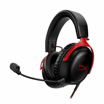 HyperX Cloud III wired gaming headset in black and red with detachable noise-canceling microphone.