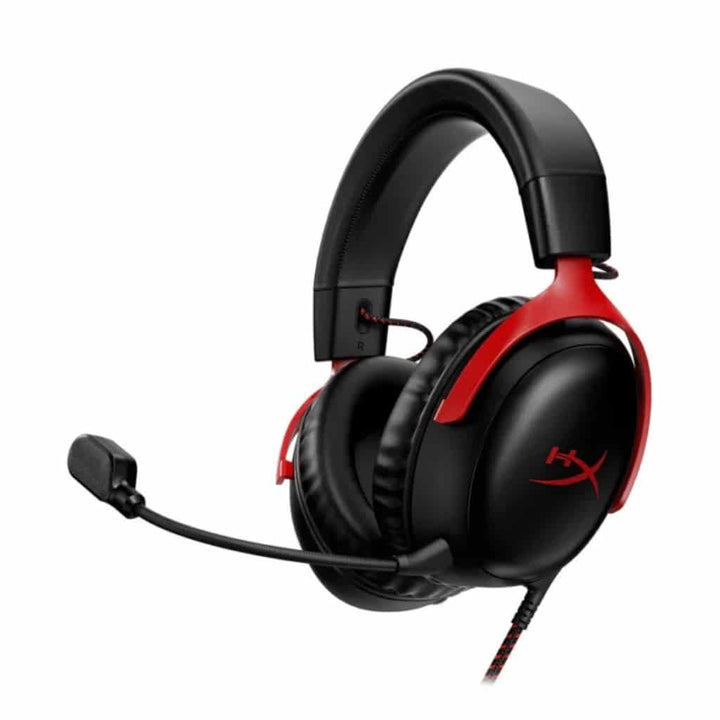 HyperX Cloud III wired gaming headset in black and red with detachable noise-canceling microphone.