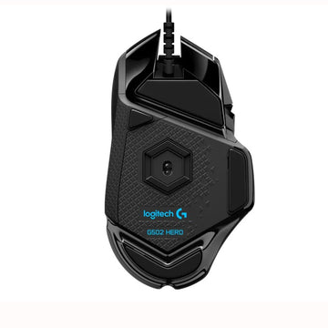 Bottom view of Logitech G502 Hero Black RGB Gaming Mouse, showing optical sensor, glide feet, and product branding
