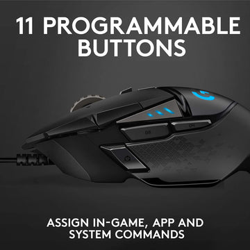 "Logitech G502 Hero Black RGB Gaming Mouse displaying its 11 programmable buttons, ideal for assigning in-game, app, and system commands.