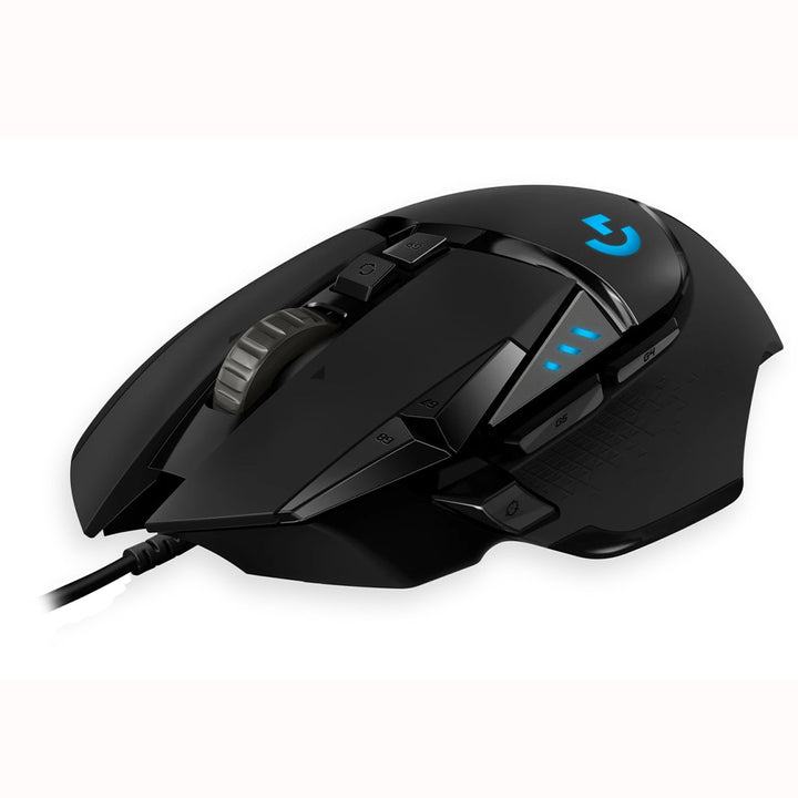 Logitech G502 Hero Black RGB Gaming Mouse with customizable buttons, scroll wheel, and blue illuminated logo, viewed from the right side