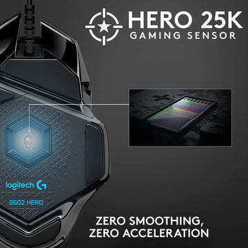 Logitech G502 Hero Gaming Mouse bottom, highlighting the HERO 25K gaming sensor for zero smoothing and zero acceleration