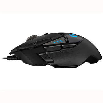 Ergonomic black Logitech G502 Hero RGB Gaming Mouse, highlighting side buttons for advanced control during gameplay