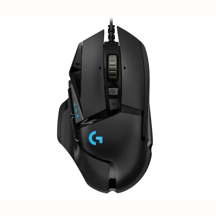 Top view of Logitech G502 Hero Black RGB Gaming Mouse, showing scroll wheel, DPI buttons, and illuminated G logo