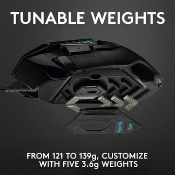 Logitech G502 Hero Black Gaming Mouse showing its customizable weight system, adjustable from 121g to 139g with five 3.6g weights.
