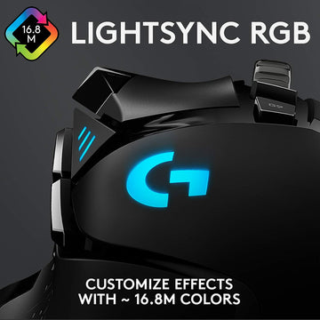 Close-up of Logitech G502 Hero Black Gaming Mouse, showing its customizable LIGHTSYNC RGB lighting with 16.8 million colors.