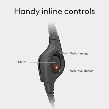 Close-up of Logitech H390 Headset's in-line controls, showing buttons for volume up, volume down, and mute.