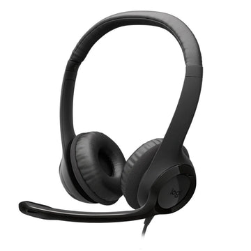 Logitech H390 USB computer headset, featuring an adjustable headband, padded ear cups, and a flexible boom microphone