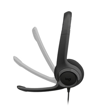 Side view of Logitech H390 Black USB Headset demonstrating the rotating microphone boom.