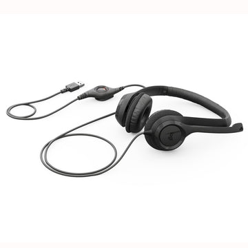 Top view of Logitech H390 Black USB Headset with in-line controls and microphone