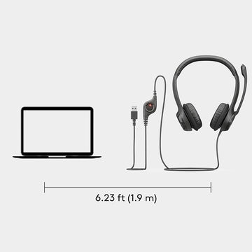 Logitech H390 Black Headphone, wired USB headset, 1.9 meter cable, 6.23 feet, long cord, for laptop and desktop use.