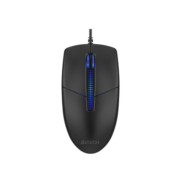 Black computer mouse with blue LED lighting on a white background, featuring the A4Tech brand.