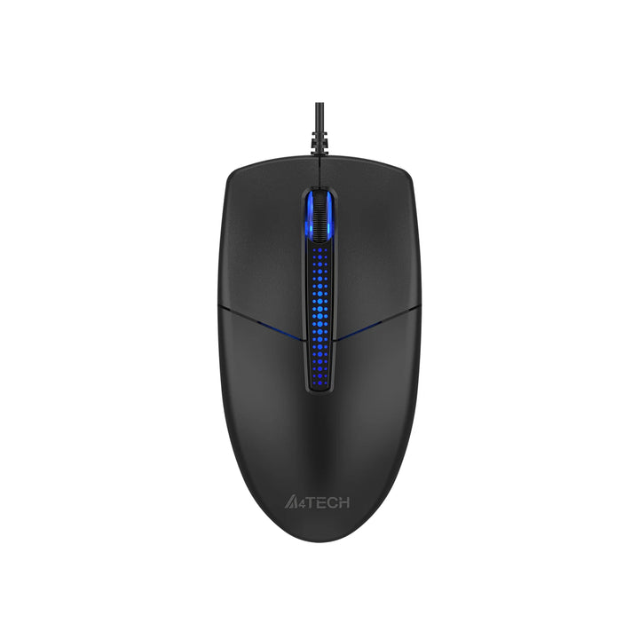 Black computer mouse with blue LED lighting on a white background, featuring the A4Tech brand.