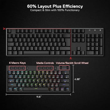 Redragon K632 pro Black RGB Mechanical Keyboard's compact 60% layout (11.6" x 4.88"), featuring 4 macro keys, media controls & a scroll wheel