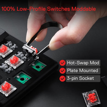 Redragon K632 Black Pro RGB Mechanical Keyboard showcasing its hot-swappable low-profile red switches and moldable design