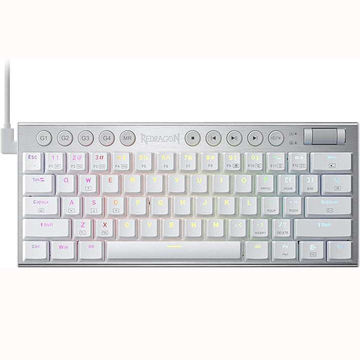 Redragon K632 Pro white RGB Mechanical Gaming Keyboard featuring vibrant RGB lighting, round shape media controls & macros keys 