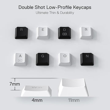 Redragon K632 Pro RGB low-profile keycaps, highlighting their thin & durable design with a size comparison of 7mm vs 11mm height