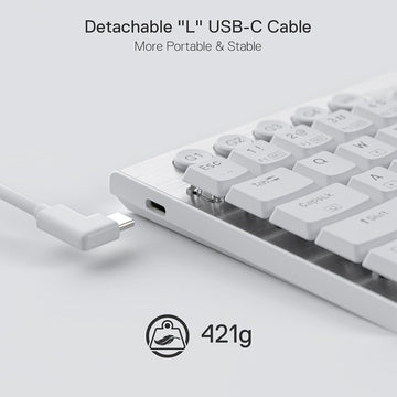 Redragon K632 pro white RGB mechanical keyboard's white detachable 'L' USB-C cable, emphasizing the portability and weight of 421g