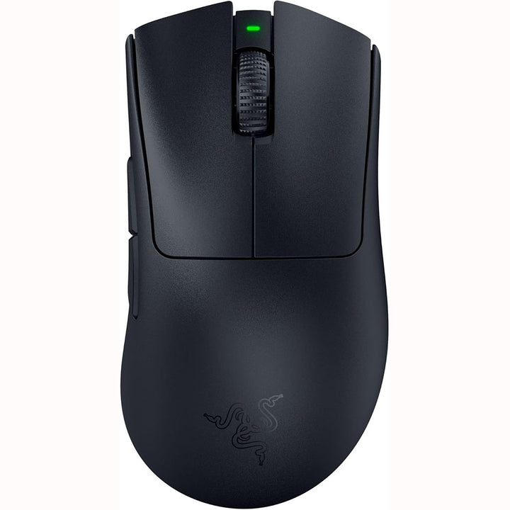 "Front view of the Razer DeathAdder V3 Pro Wireless Gaming Mouse in black, showing its ergonomic shape and scroll wheel.