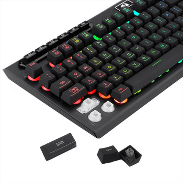Detailed view of the Redragon K513 Aditya RGB keyboard , highlighting the membrane switch mechanism and illuminated keycap mounts