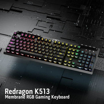 Redragon K513 Aditya Membrane RGB Keyboard (black) showcasing its Solid Metal Top Case and Durable Frosted Material construction