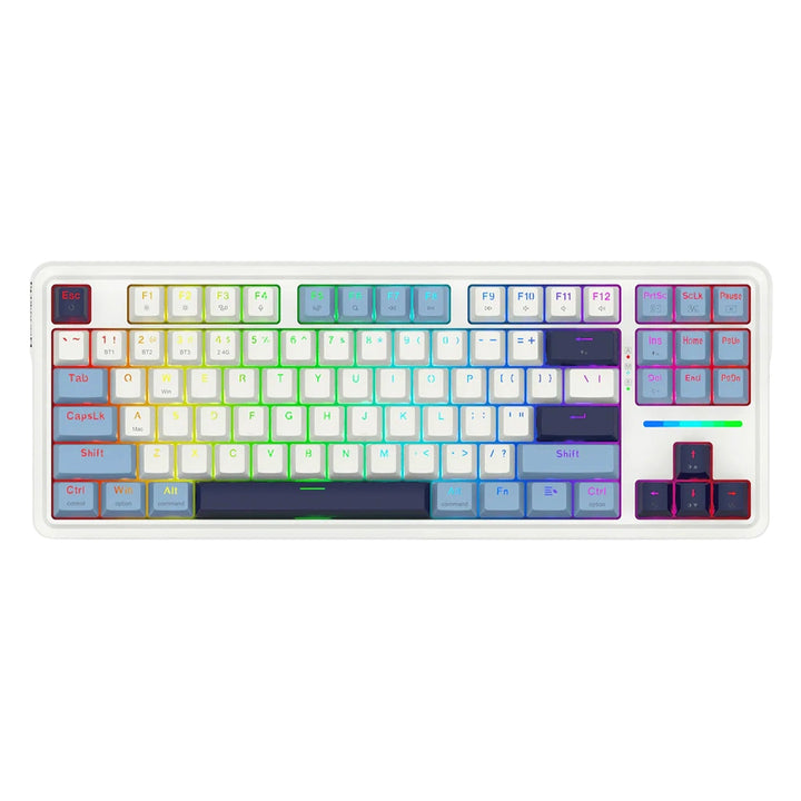 White 75% wireless RGB gaming keyboard with multi-color keycaps and a knob.