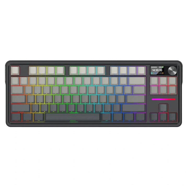 A Redragon Antonium K743 PRO wireless RGB gaming keyboard with a rainbow backlight a small screen and a rotary knob.