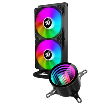 Redragon CCW-3011 Black 240mm RGB liquid CPU cooler with two rainbow fans and an illuminated pump.