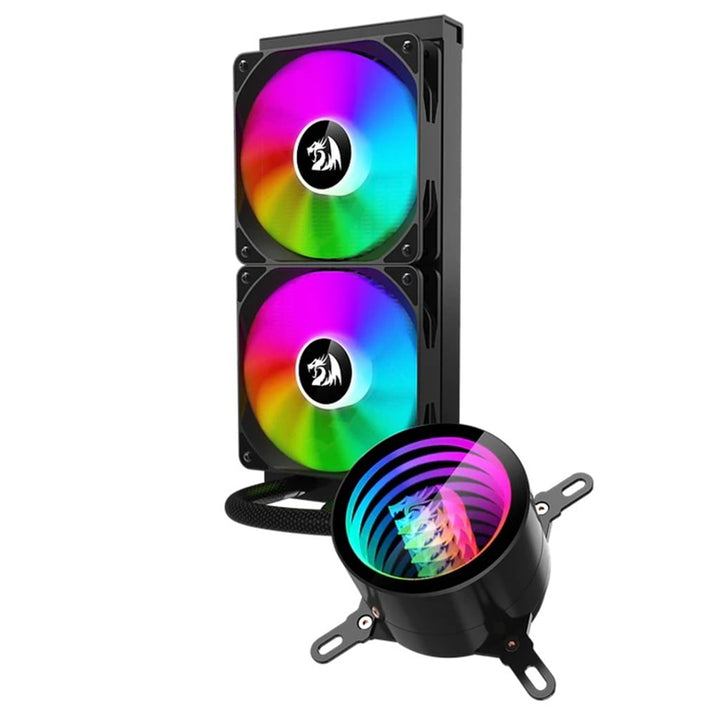Redragon CCW-3011 Black 240mm RGB liquid CPU cooler with two rainbow fans and an illuminated pump.