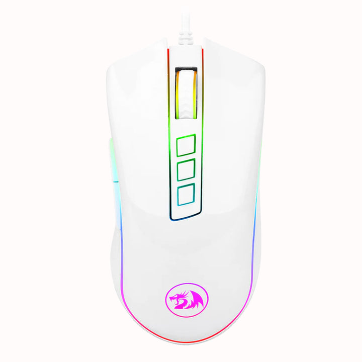 White gaming mouse with RGB lighting on a white background