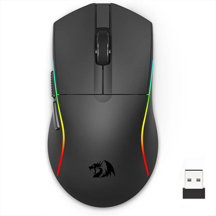 Redragon Deicide M816 Pro Black gaming mouse with RGB lighting and USB receiver on a white background
