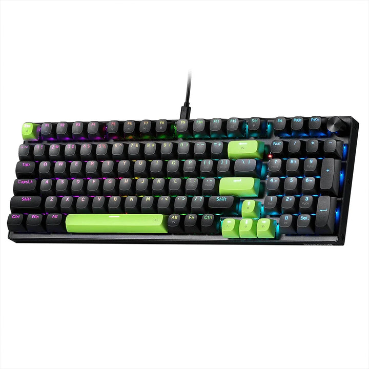Redragon Dharma K740 wired
mechanical keyboard. The keyboard has a black frame, black keycaps, and bright lime green accent keys.