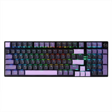 Redragon Dharma PRO K740 wireless keyboard with vibrant purple and dark keycaps, showing the full RGB lighting and dedicated volume control.