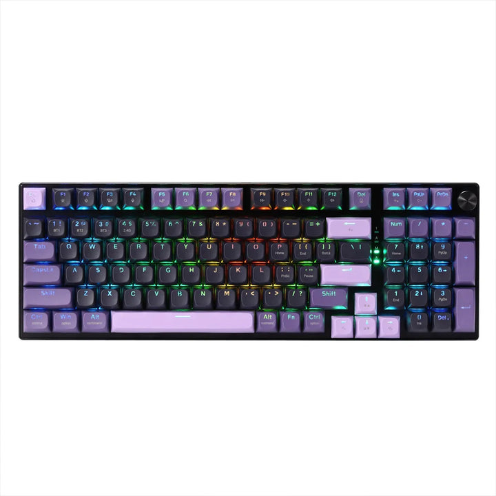 Redragon Dharma PRO K740 wireless keyboard with vibrant purple and dark keycaps, showing the full RGB lighting and dedicated volume control.