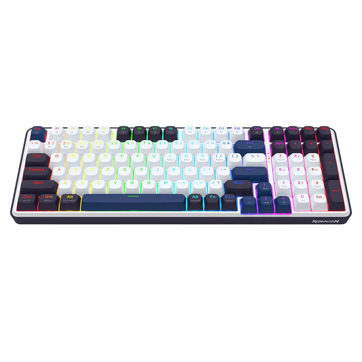Redragon FAYE K744 PRO wireless mechanical keyboard. It has a compact full-size layout and a distinctive white, blue, and black keycap color scheme.