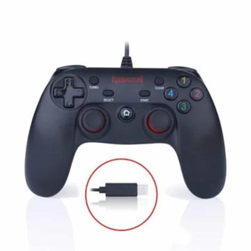 Wired black gaming controller with D-pad, dual analog sticks and numbered action buttons. Includes USB-A connector close-up.