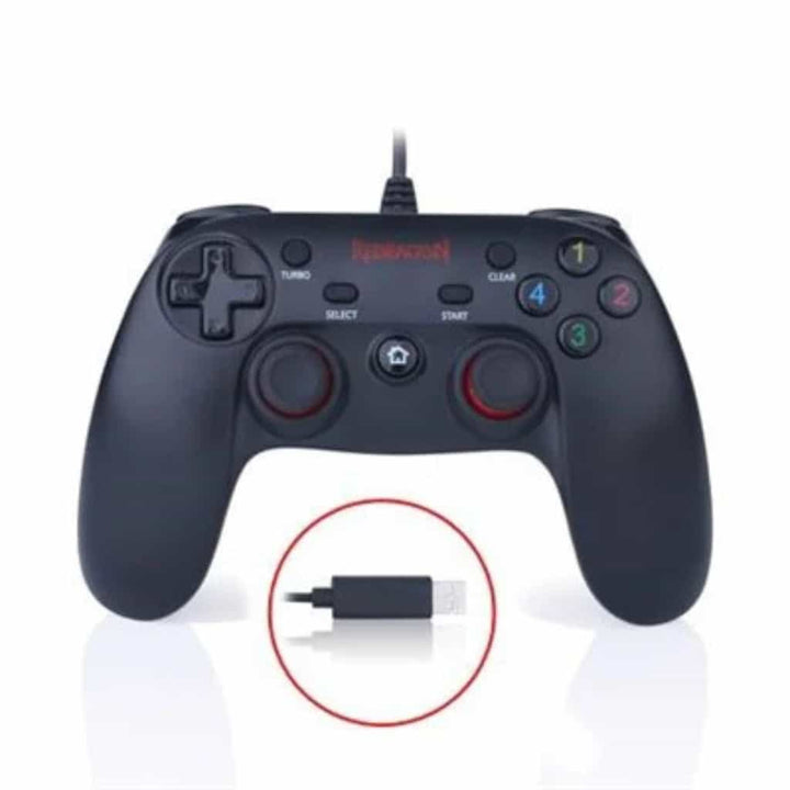 Wired black gaming controller with D-pad, dual analog sticks and numbered action buttons. Includes USB-A connector close-up.