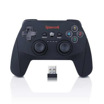 Black gaming controller with USB receiver on a white background, featuring Redragon branding.