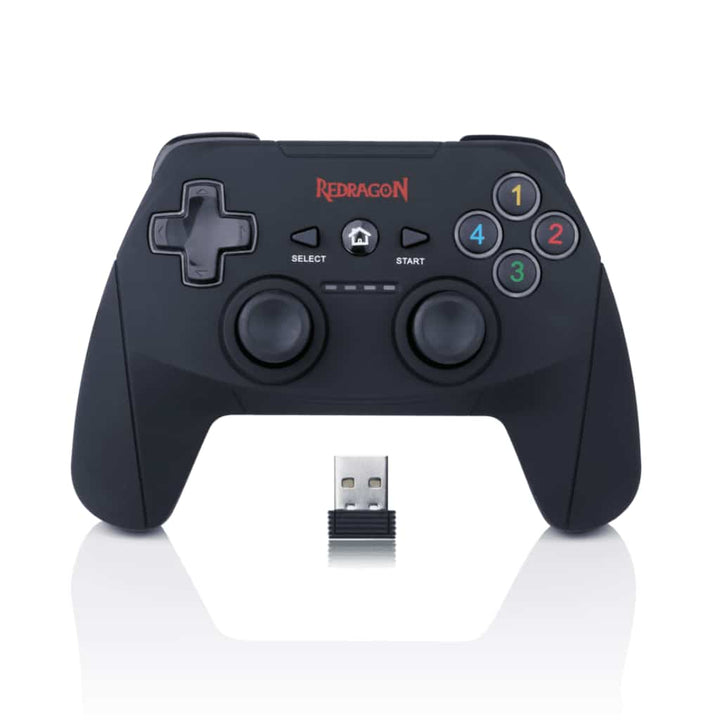 Black gaming controller with USB receiver on a white background, featuring Redragon branding.