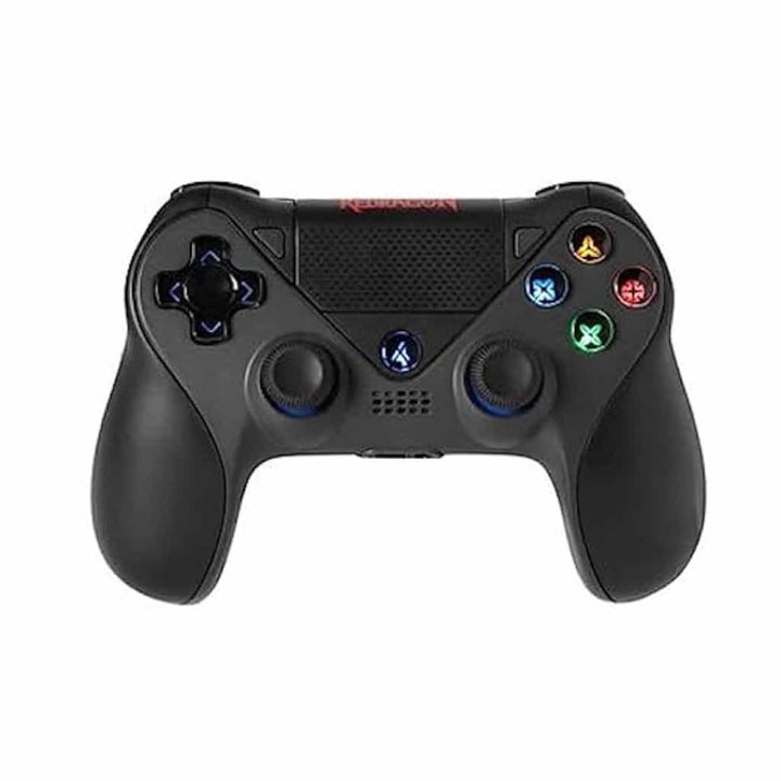 Black Redragon wireless gaming controller with colored ABXY buttons dual joysticks and a D-pad.