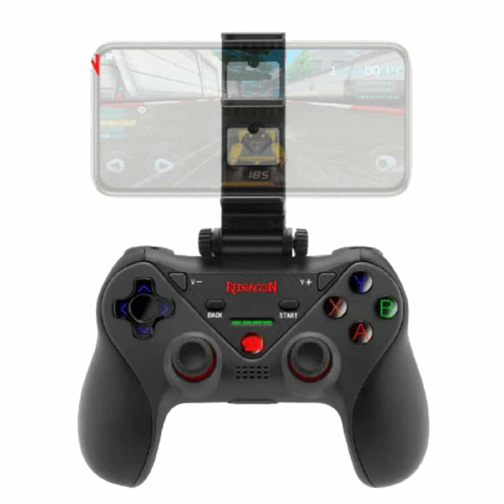 Redragon black wireless gaming controller with phone mount.