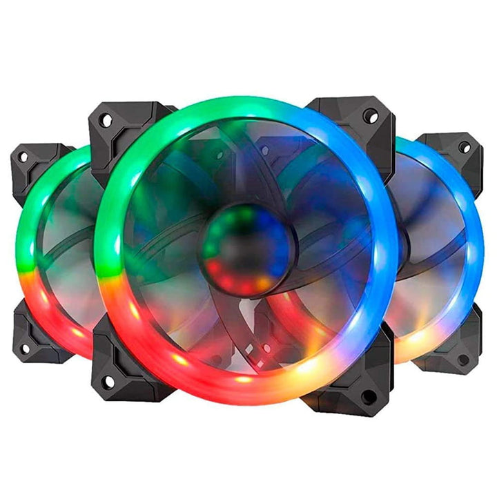 Redragon GC-F008 120mm RGB PC cooling fans, set of 3, with colorful LED rings.