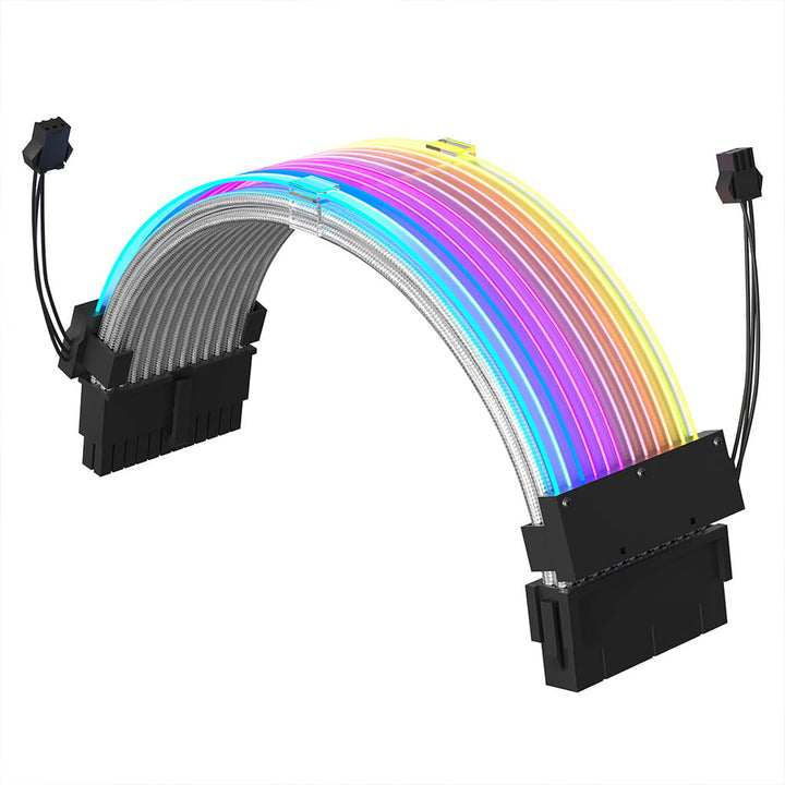 Redragon GCP06 ARGB braided power extension cable, showing rainbow lighting.