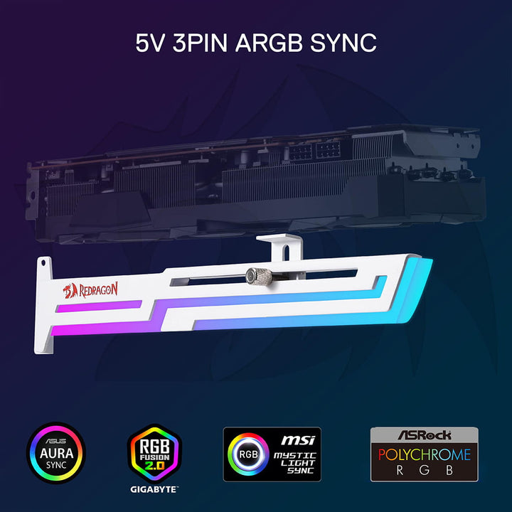 Redragon GCP06 white GPU support bracket with 5V 3-pin ARGB sync, compatible with major motherboard brands.