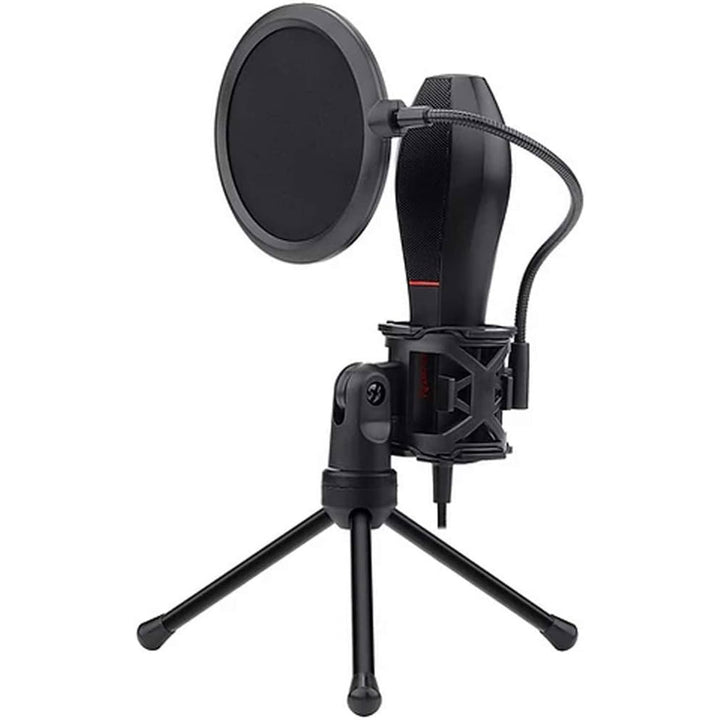 Black microphone with pop filter on a white background