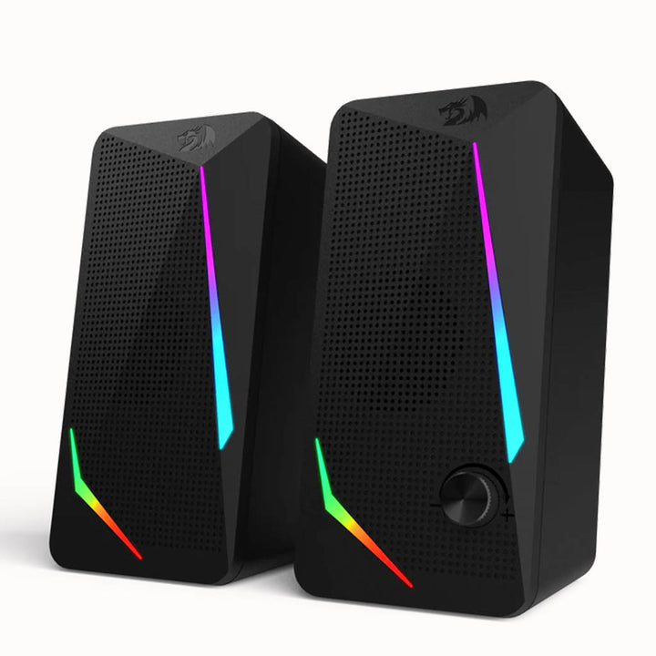 "Pair of black Redragon GS510 Waltz gaming speakers with colorful RGB lighting and a volume knob
